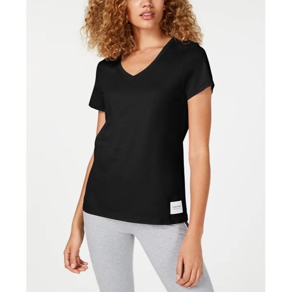 Calvin Klein Performance Black Cotton V-neck Logo Patch T-shirt NWT MEDIUM - Picture 1 of 4